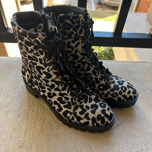 Gianni Bini Leopard Print Combat Boots With Rhinestones